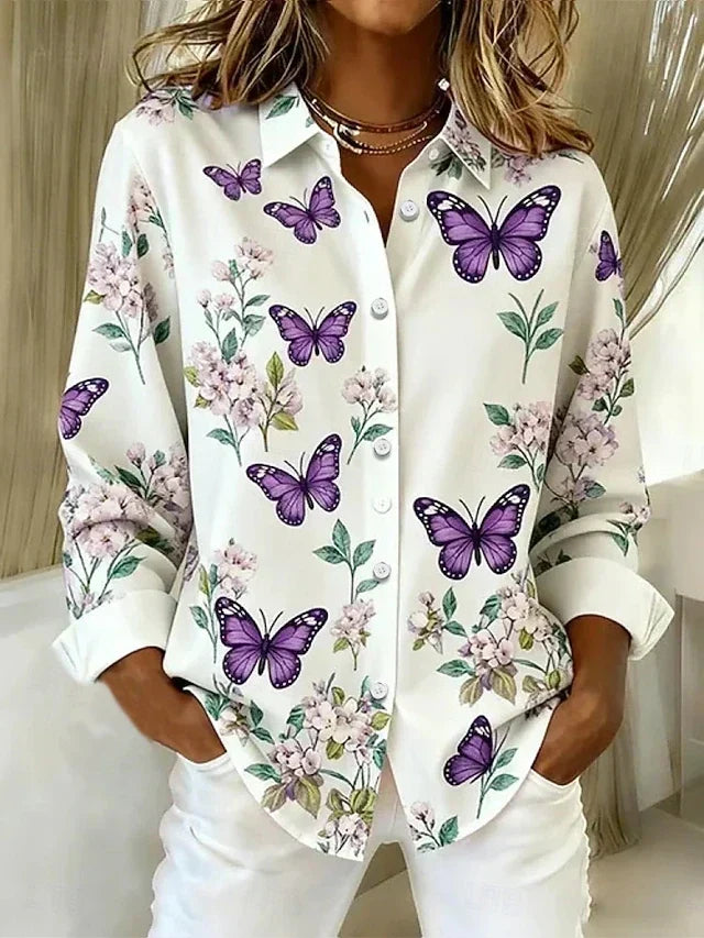 Dahlia™ | Blus med knappar och fantasifullt fjärilstryck