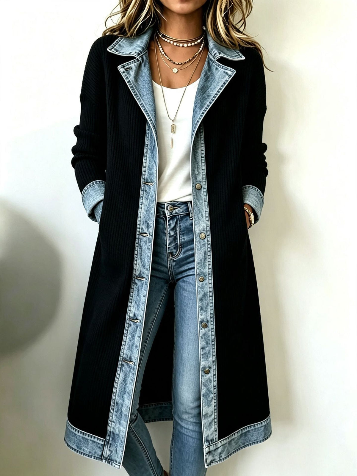 Lång cardigan med denimdetaljer