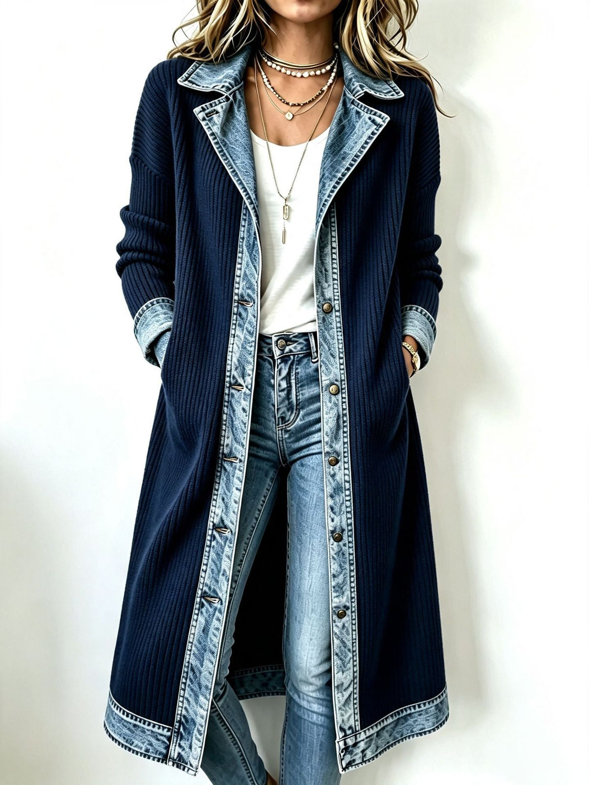 Lång cardigan med denimdetaljer