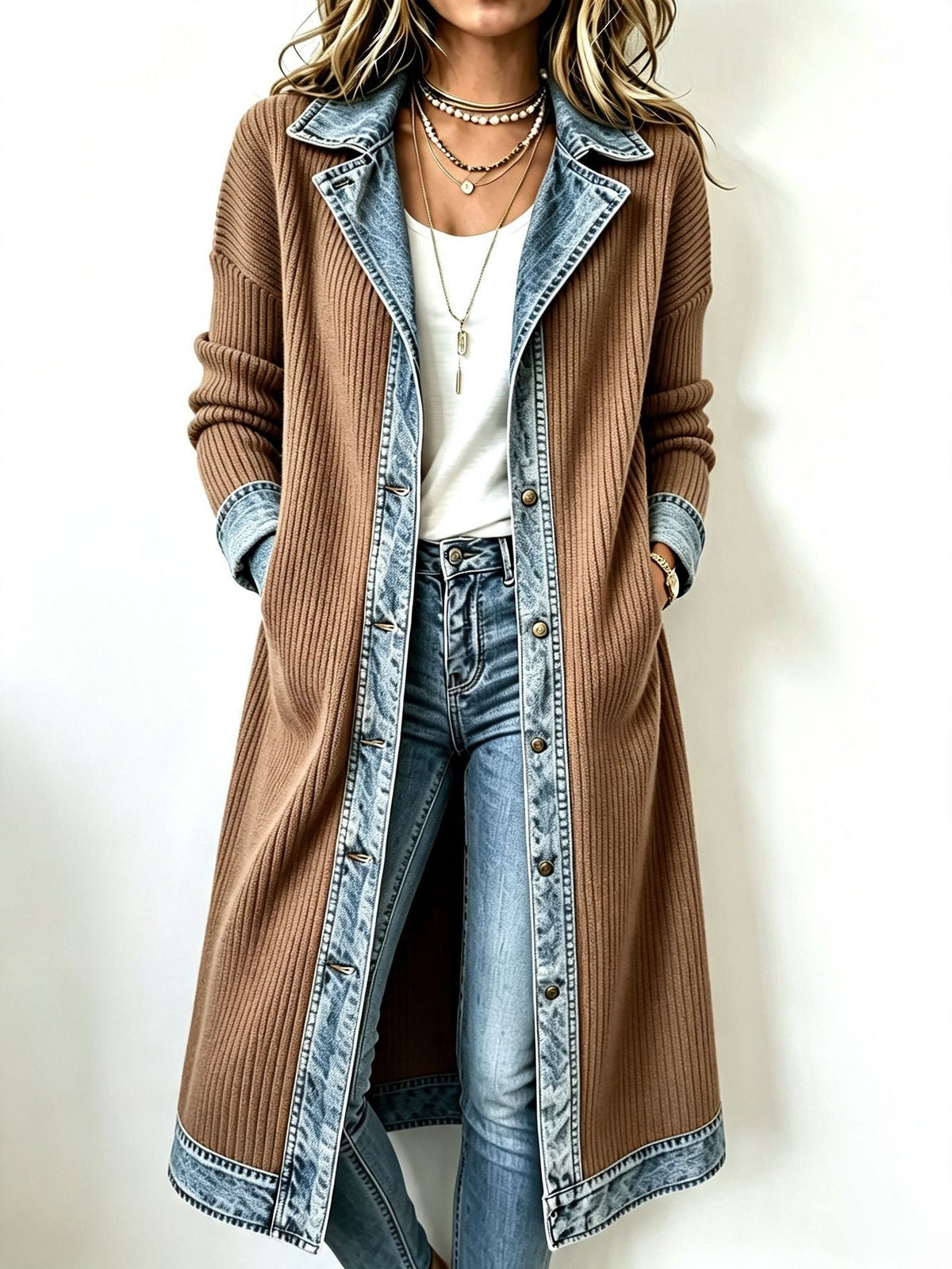 Lång cardigan med denimdetaljer