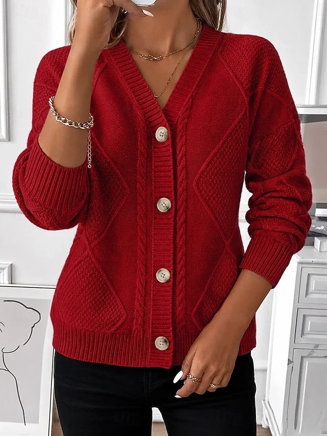 Hilde™ – V-hals kabelstickad knapcardigan