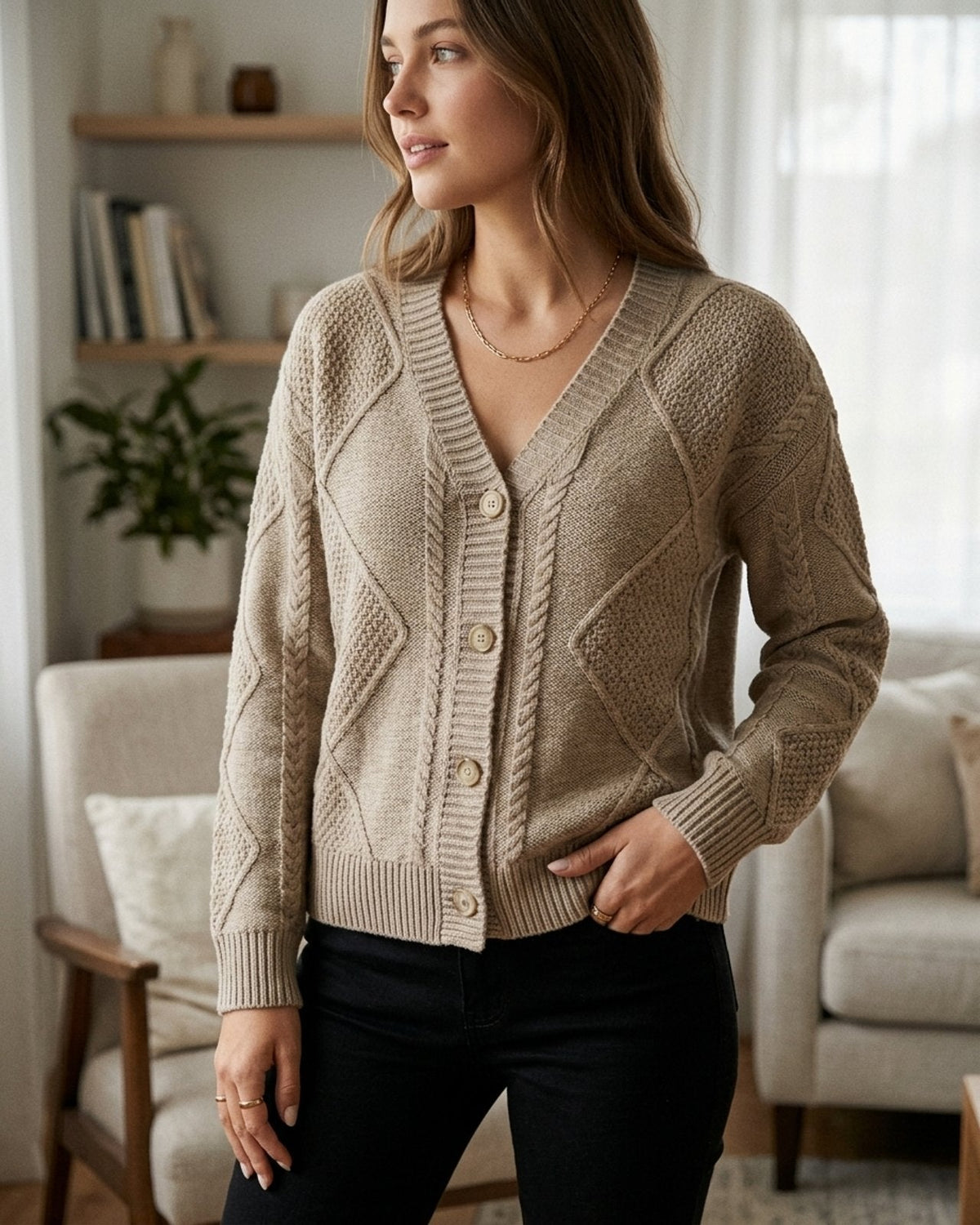 Hilde™ – V-hals kabelstickad knapcardigan