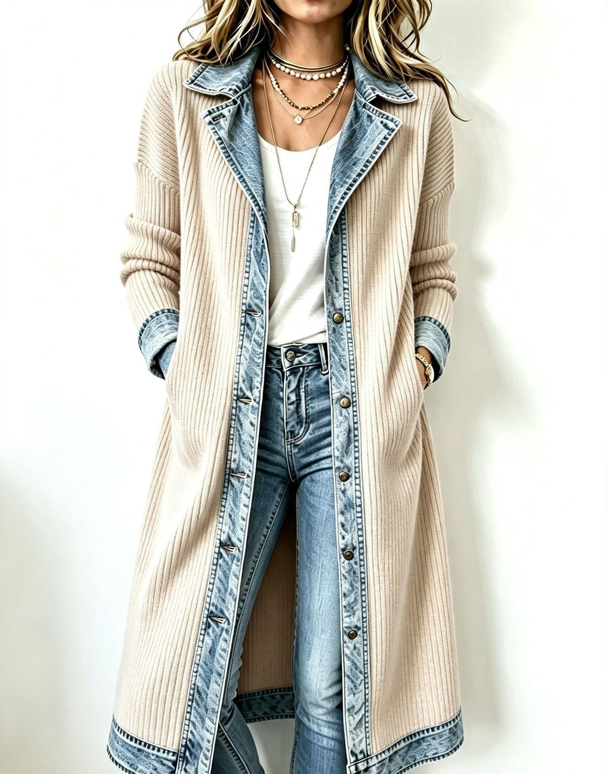 Lång cardigan med denimdetaljer