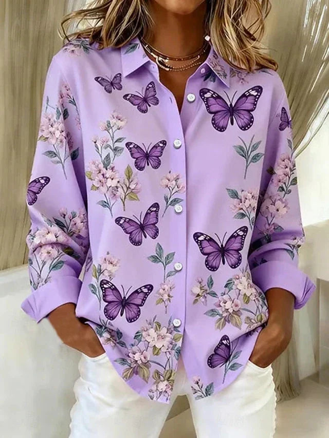 Dahlia™ | Blus med knappar och fantasifullt fjärilstryck